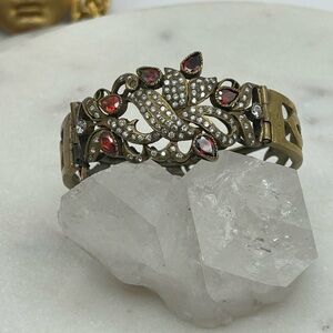 Vintage open metalwork rhinestone Elegant Gold and Red Gemstone Bracelet